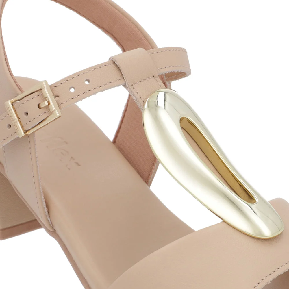 Sandália Salto Bloco Couro Bege Bico Quadrado Bege 4