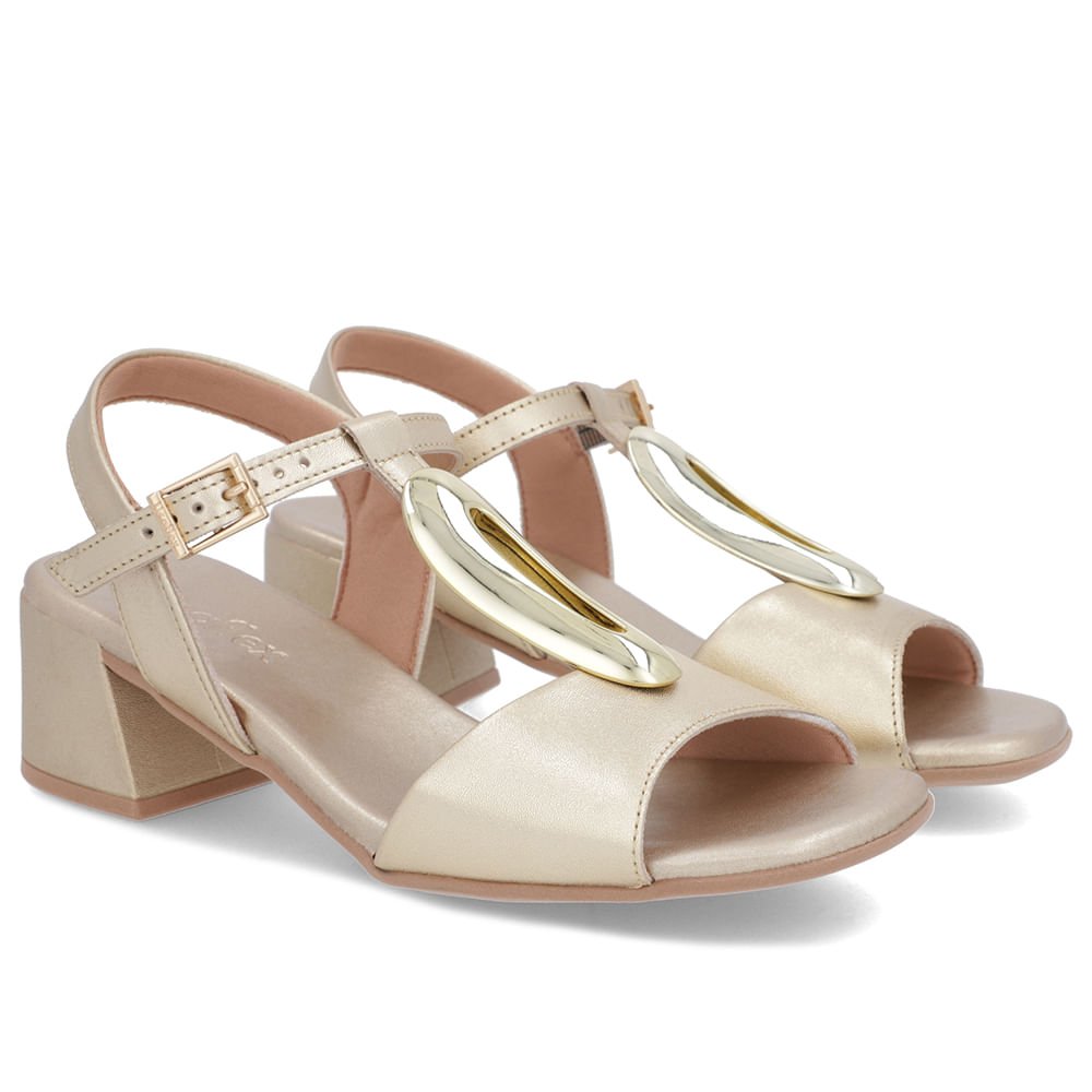 Sandália Salto Bloco Couro Dourada Bico Quadrado Dourado 2