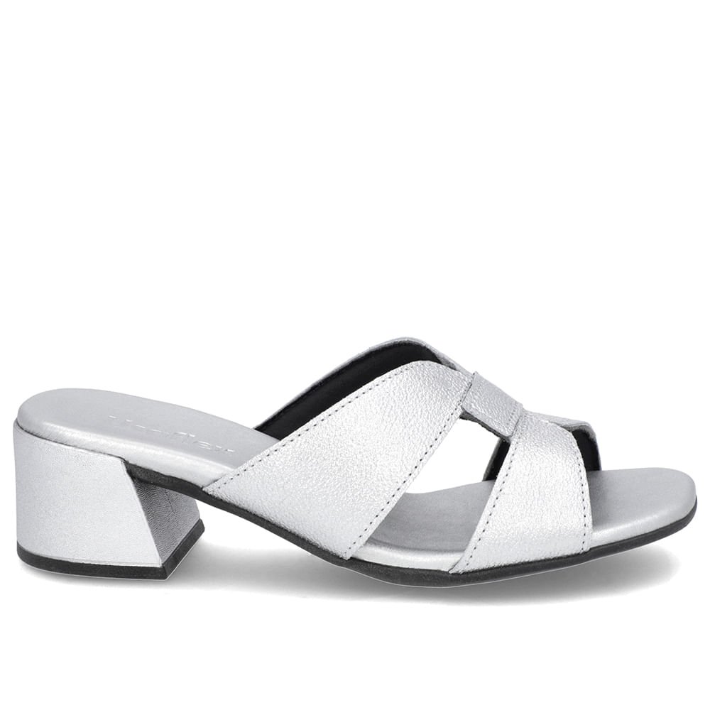 Tamanco Salto Bloco Couro Prata