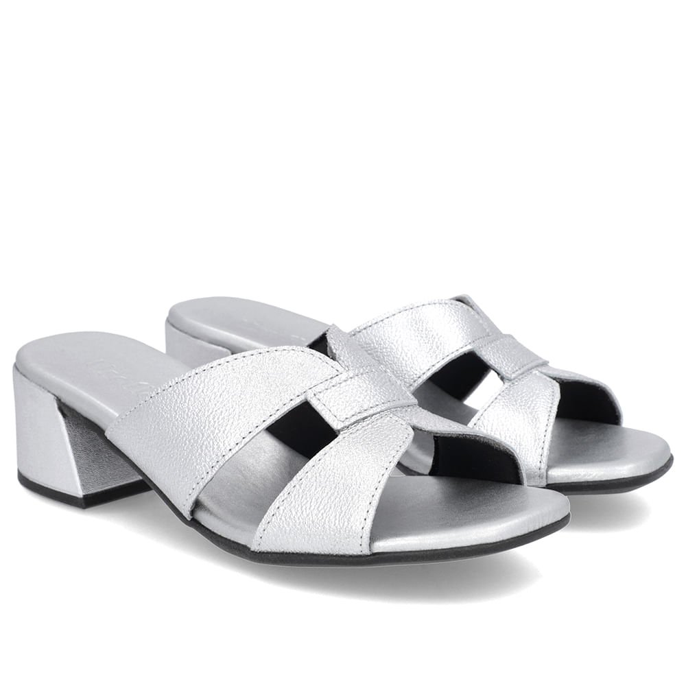 Tamanco Salto Bloco Couro Prata Prata 2