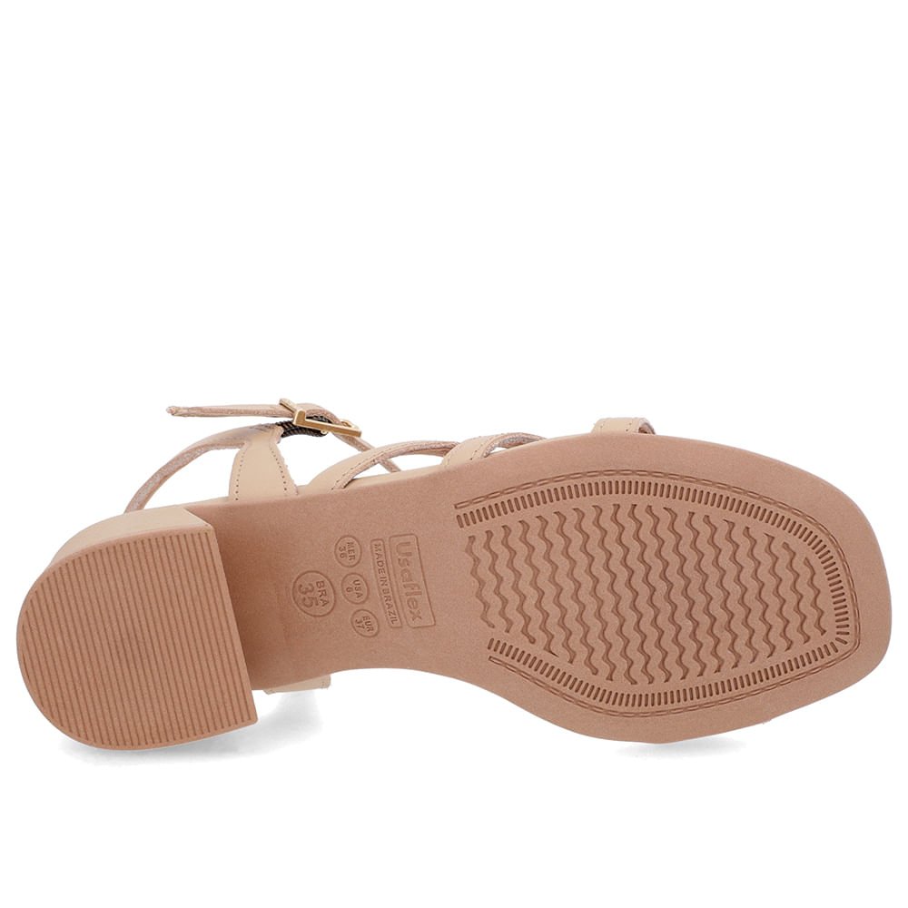 Sandália Salto Bloco Couro Bege Tiras Bege 5