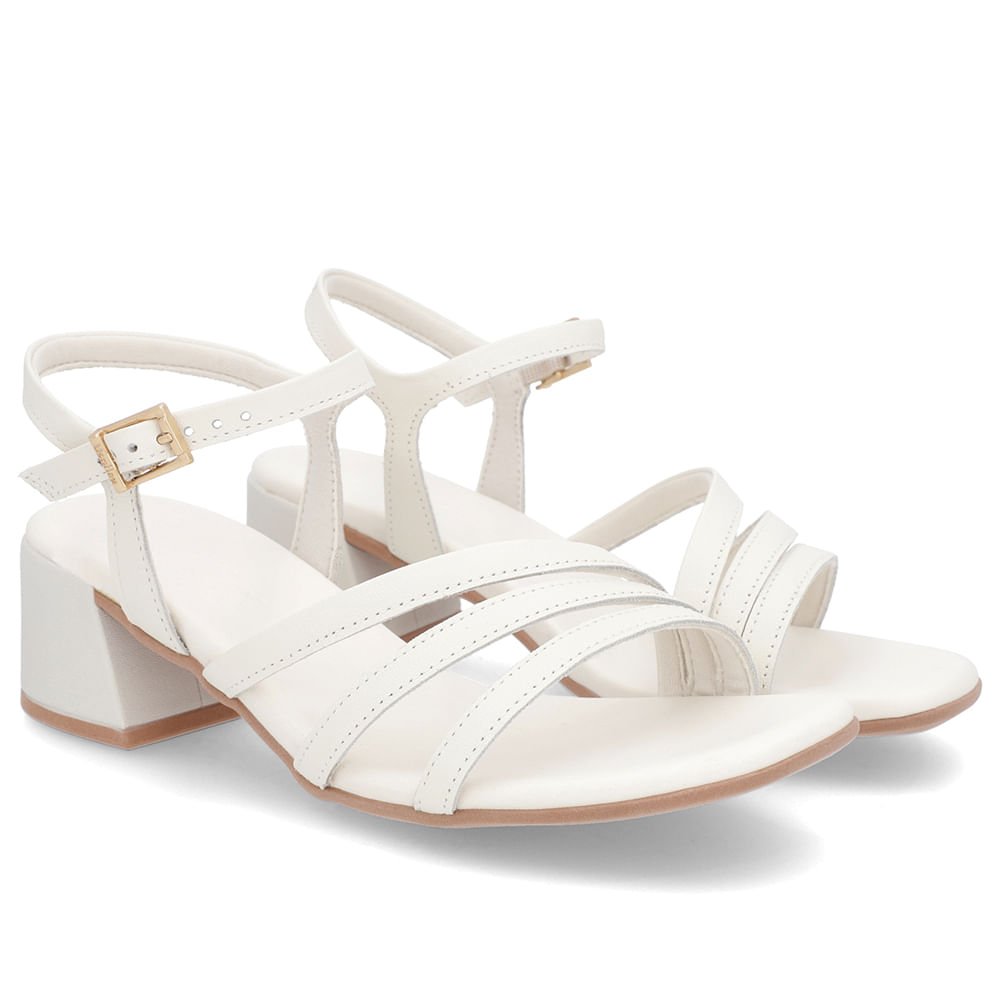 Sandália Salto Bloco Couro Off-White Tiras Branco 2