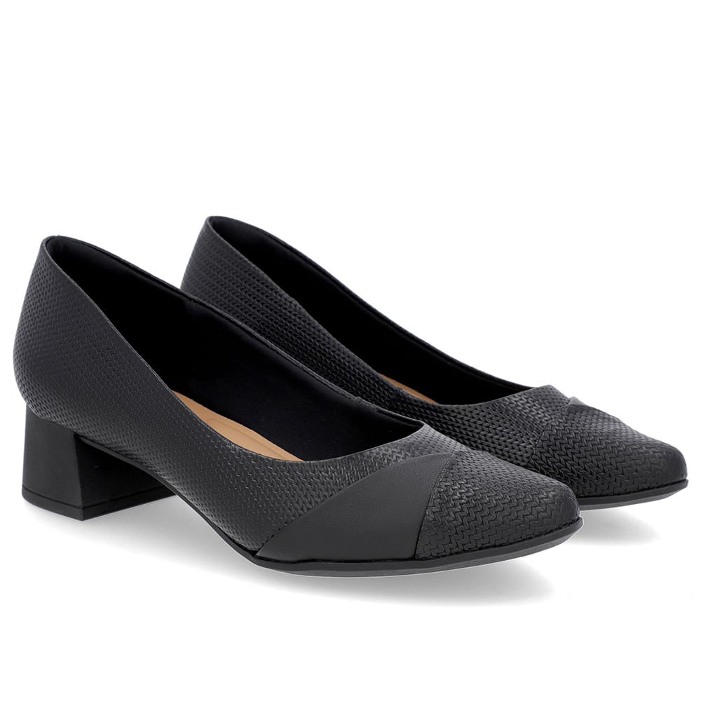 Scarpin Preto Salto Bloco Couro Preto 2