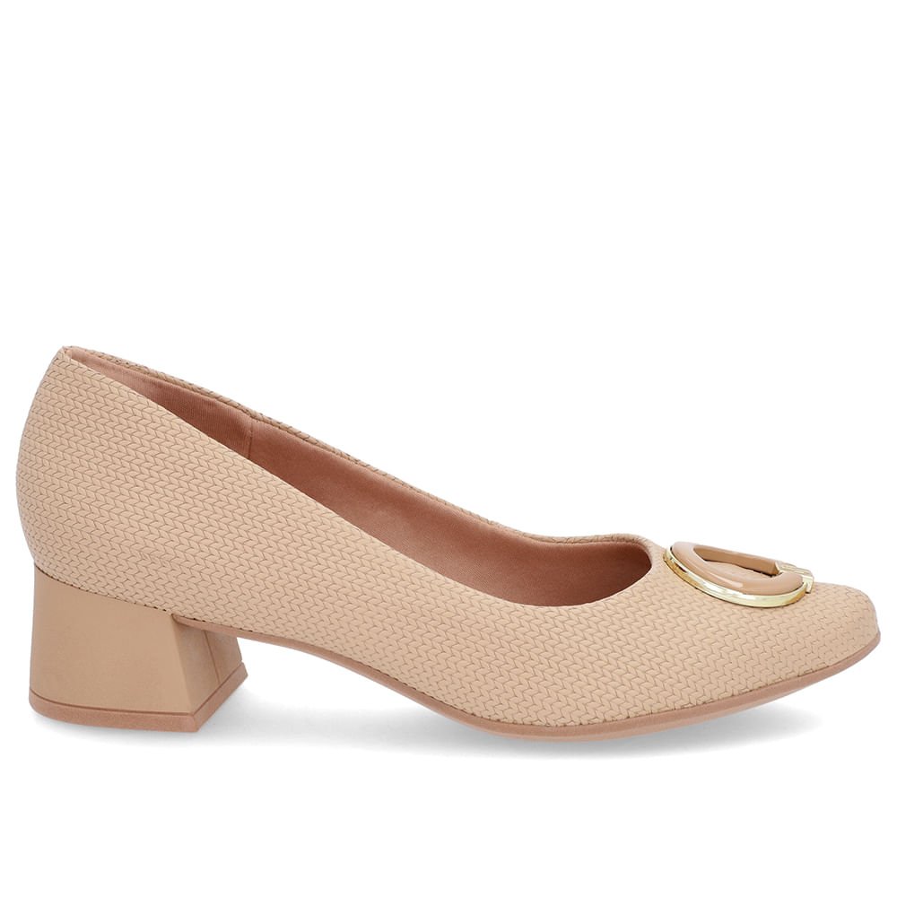 Scarpin Bege Salto Bloco Baixo Couro Enfeite