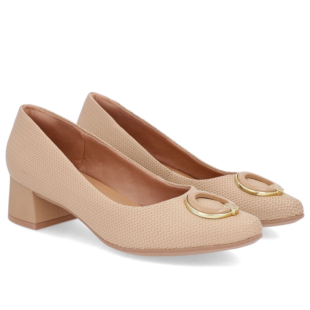 Scarpin Bege Salto Bloco Baixo Couro Enfeite Bege 2