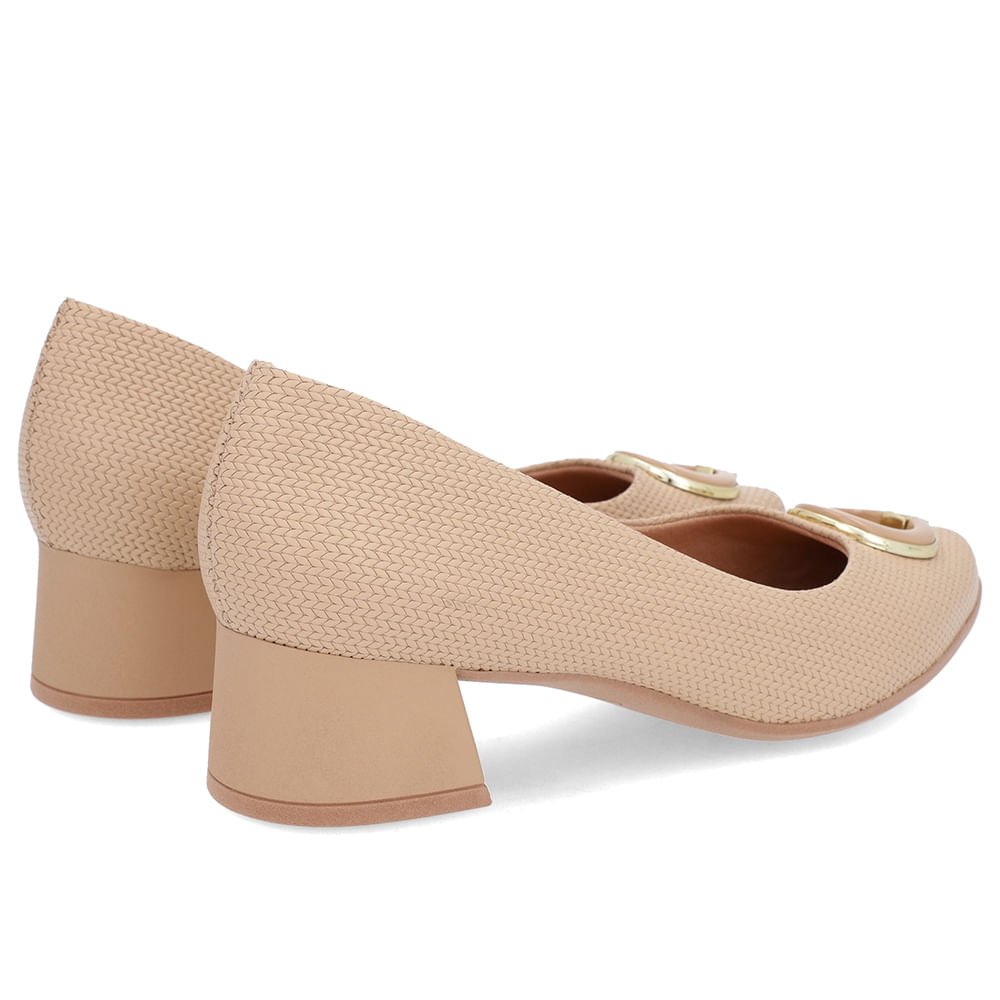 Scarpin Bege Salto Bloco Baixo Couro Enfeite Bege 3