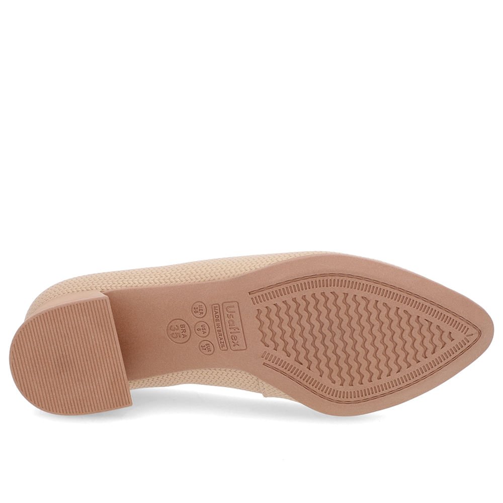 Scarpin Bege Salto Bloco Baixo Couro Enfeite Bege 5