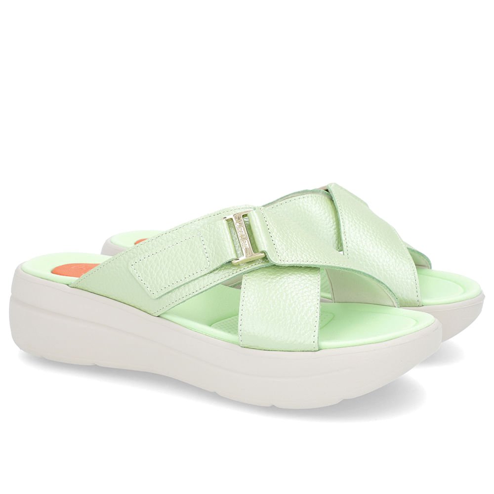 Tamanco Salto Plataforma Couro Verde Perolado Tiras Verde 2