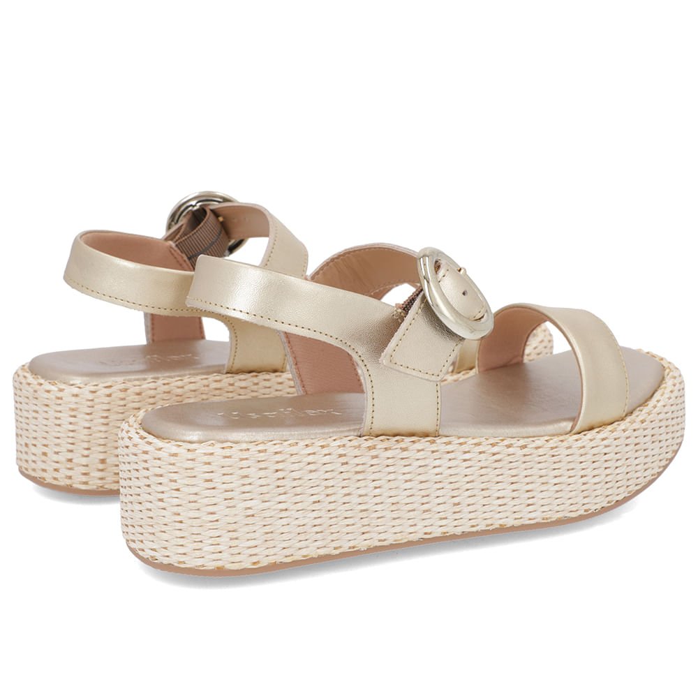 Sandália Salto Plataforma Palha Dourada Couro Dourado 2