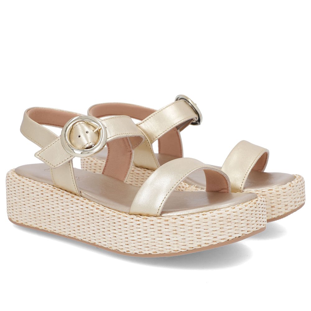 Sandália Salto Plataforma Palha Dourada Couro Dourado 3