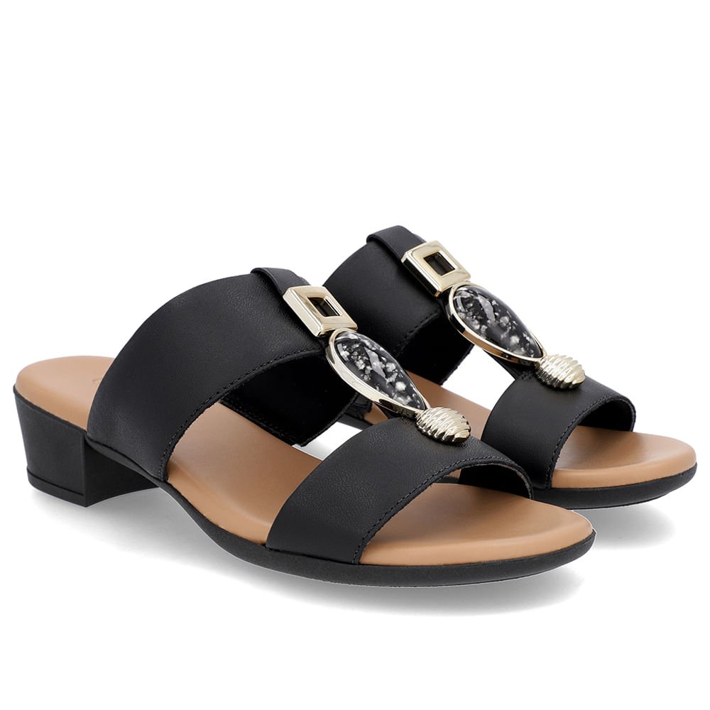 Tamanco Salto Bloco Preto Couro Enfeite Preto 2