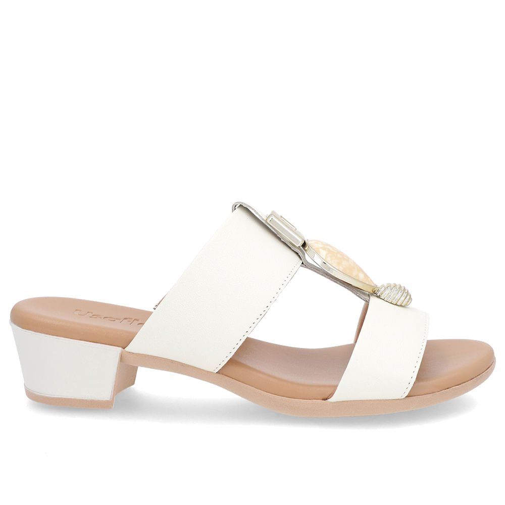 Tamanco Salto Bloco Off-White Couro Enfeite Branco 1