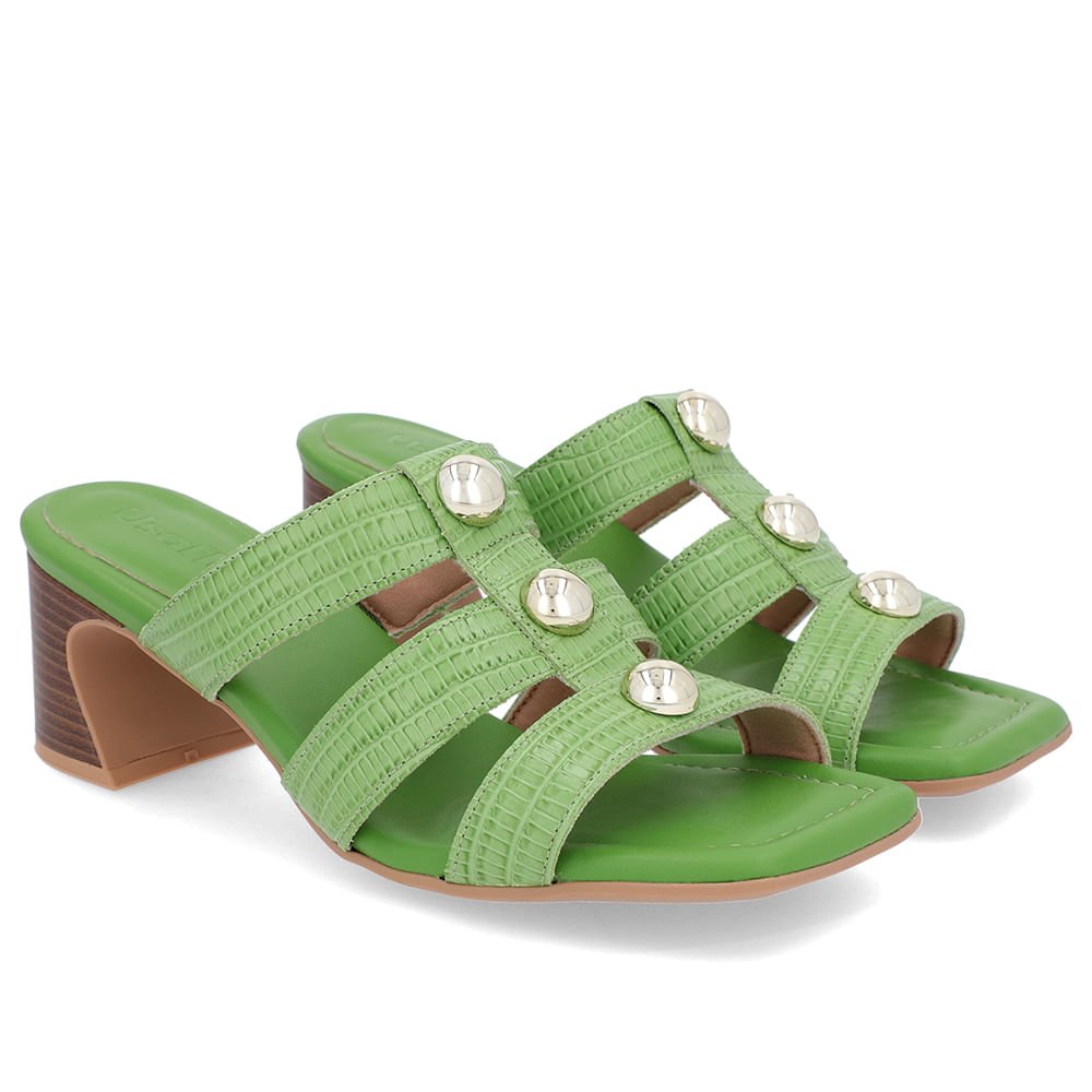 Tamanco Salto Amadeirado Couro Verde Enfeite Verde 2