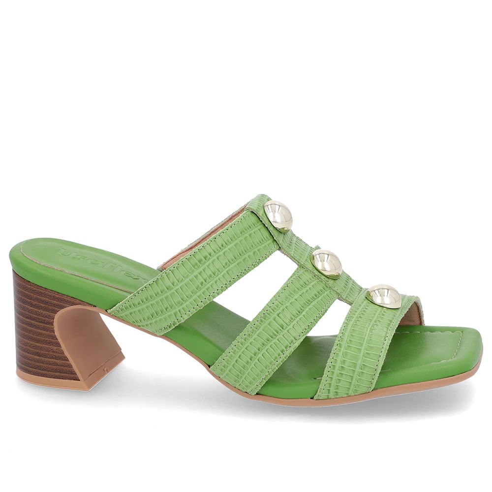 Tamanco Salto Amadeirado Couro Verde Enfeite