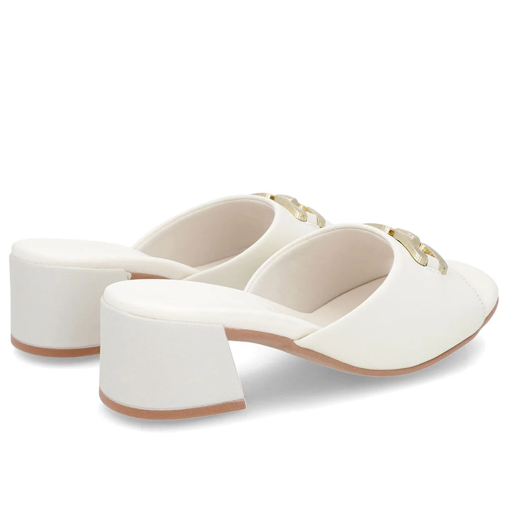 Tamanco Salto Bloco Couro Off-White Enfeite Branco 3