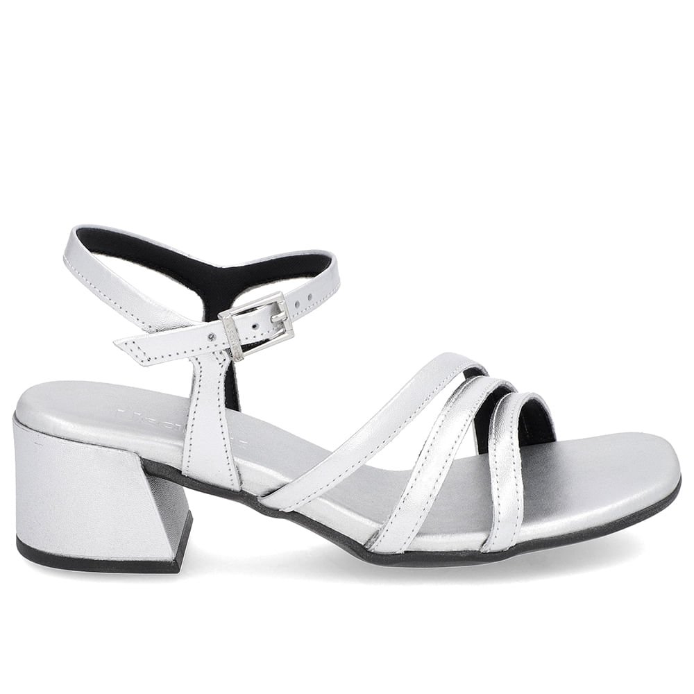 Sandália Salto Bloco Couro Prata Tiras