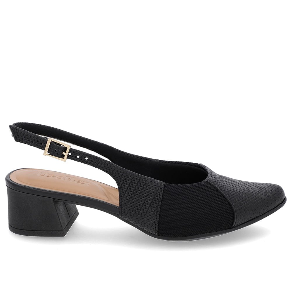 Slingback Preto Salto Bloco Couro Texturizado
