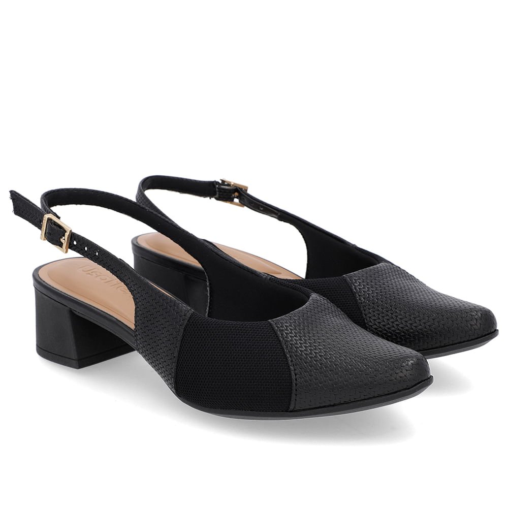 Slingback Preto Salto Bloco Couro Texturizado Preto 2