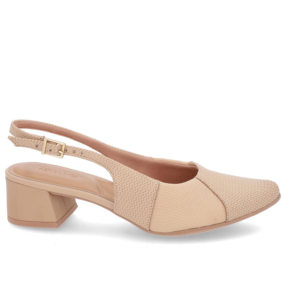 Slingback Bege Salto Bloco Couro Texturizado