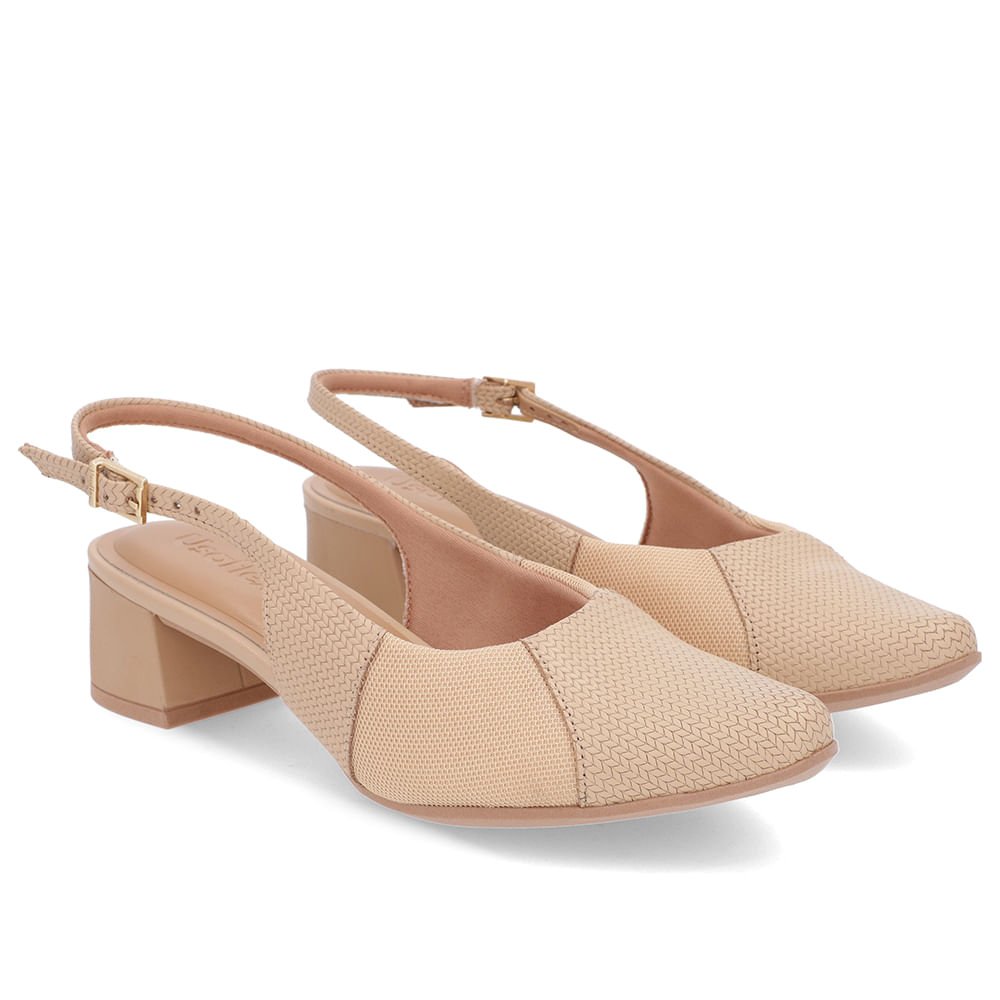 Slingback Bege Salto Bloco Couro Texturizado Bege 2