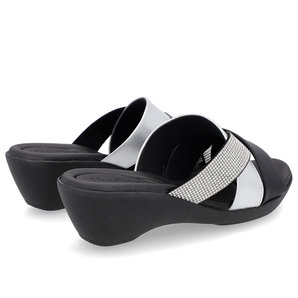 Tamanco Salto Anabela Couro Prata Detalhe Strass Prata 3