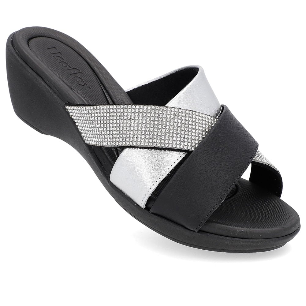 Tamanco Salto Anabela Couro Prata Detalhe Strass Prata 4