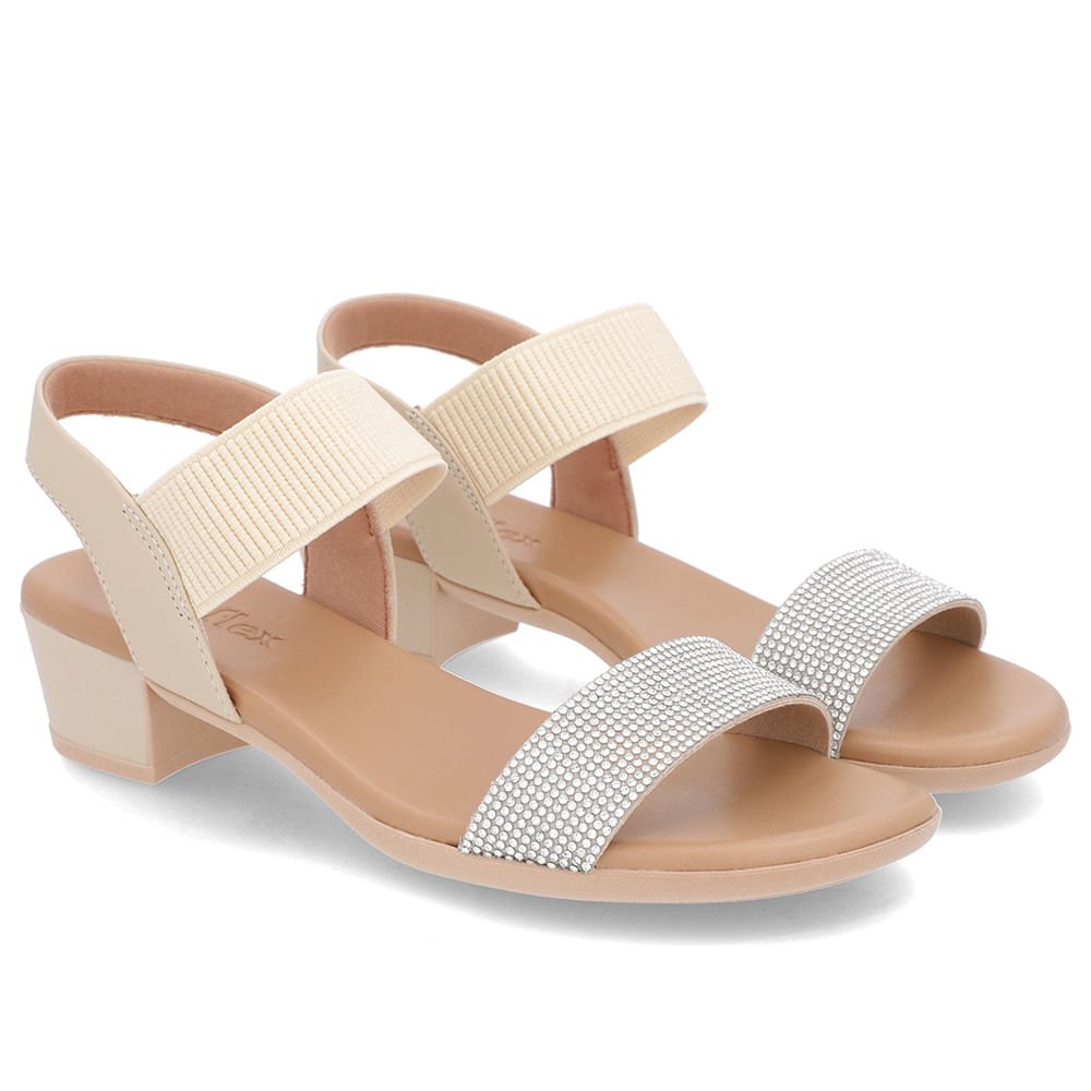 Sandália Salto Bloco Bege Couro Detalhe Strass Bege 2