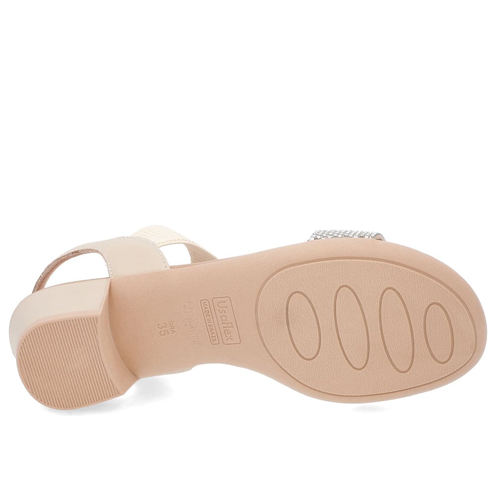 Sandália Salto Bloco Bege Couro Detalhe Strass Bege 5