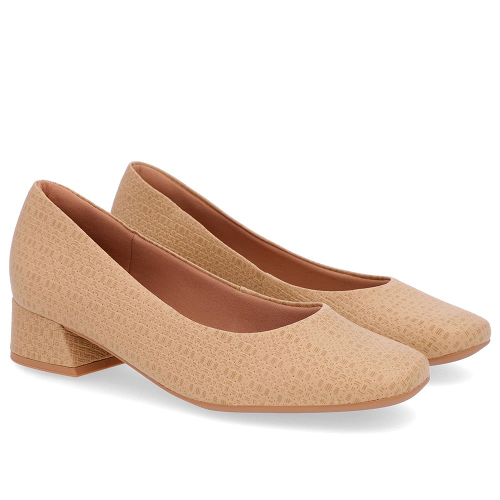 Scarpin Bege Salto Bloco Couro Básico Bege 2