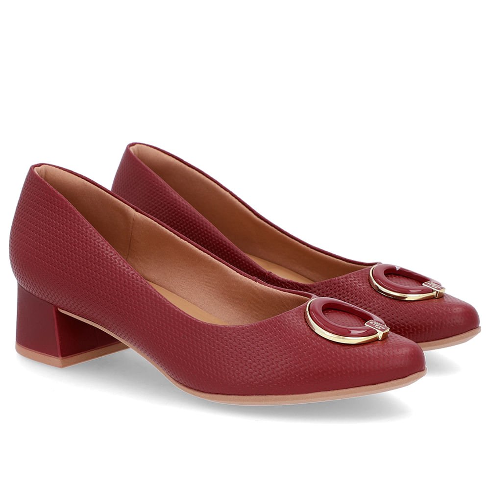 Scarpin Vermelho Salto Bloco Baixo Couro Enfeite Bordô 2