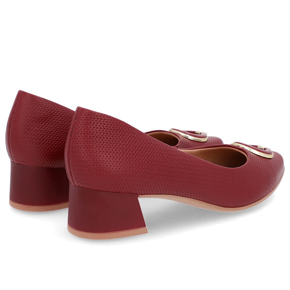 Scarpin Vermelho Salto Bloco Baixo Couro Enfeite Bordô 3