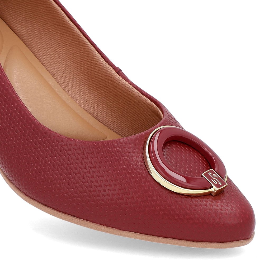 Scarpin Vermelho Salto Bloco Baixo Couro Enfeite Bordô 4