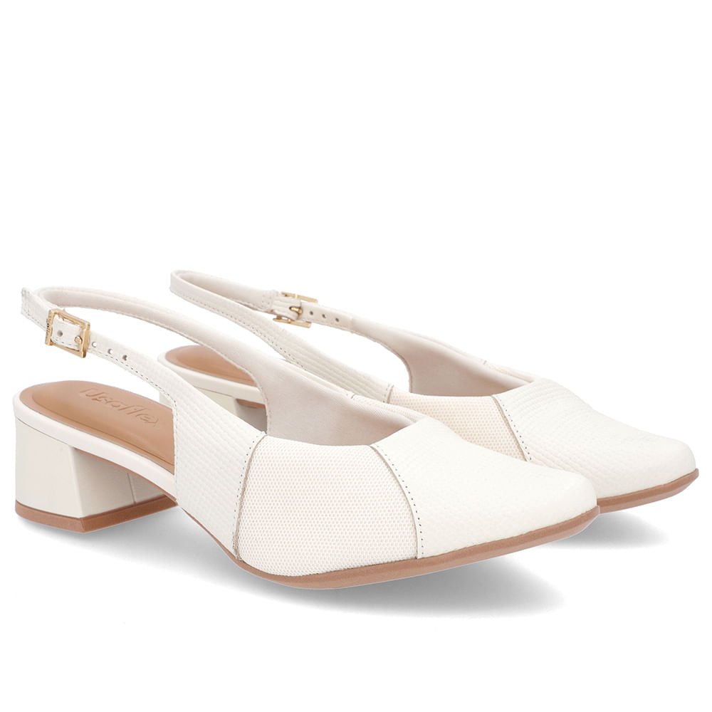 Slingback Off-White Salto Bloco Couro Texturizado Branco 2