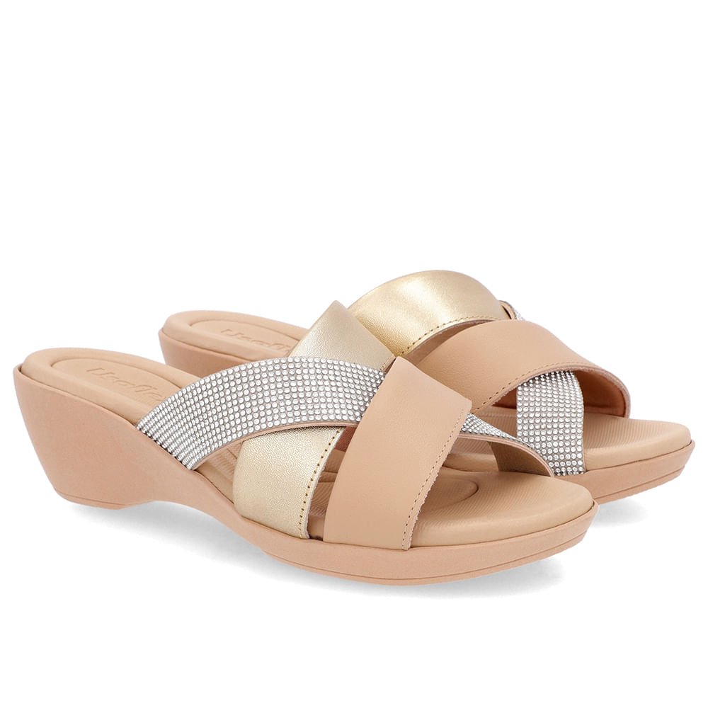 Tamanco Salto Anabela Couro Dourado Detalhe Strass Dourado 2