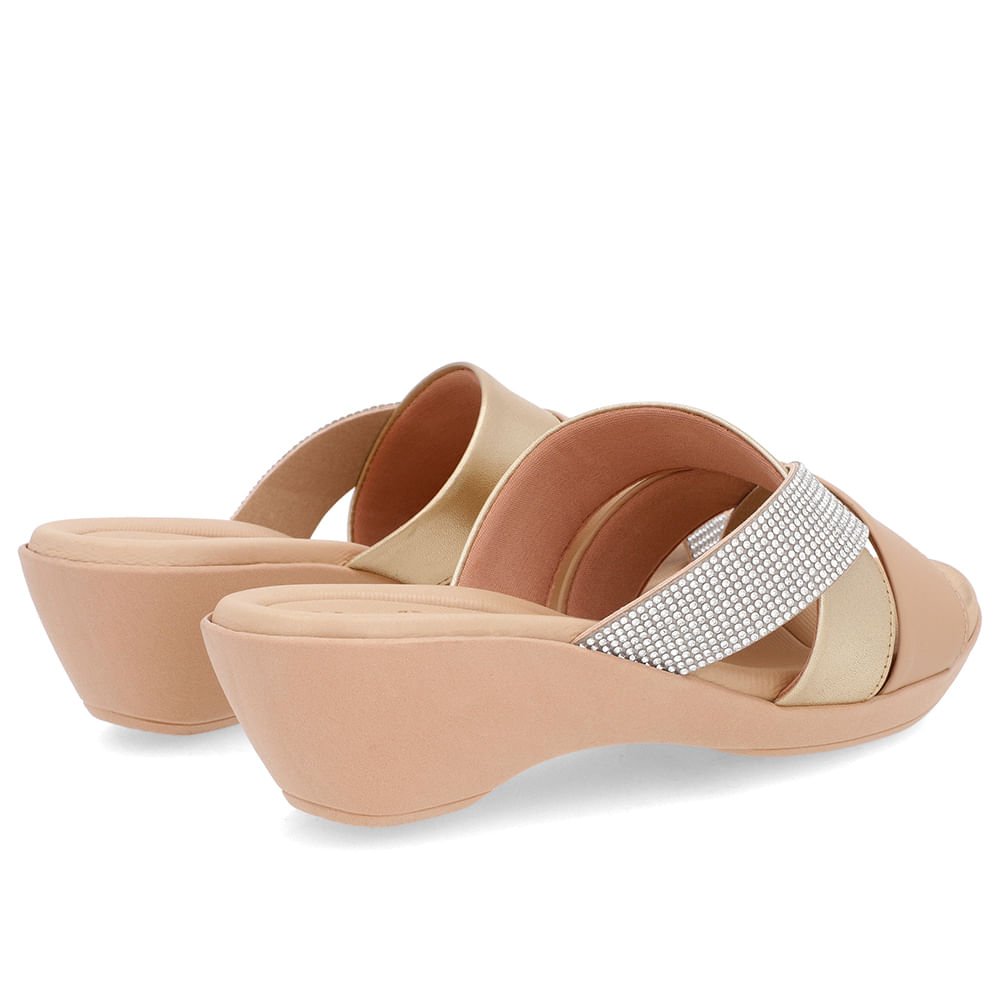 Tamanco Salto Anabela Couro Dourado Detalhe Strass Dourado 3