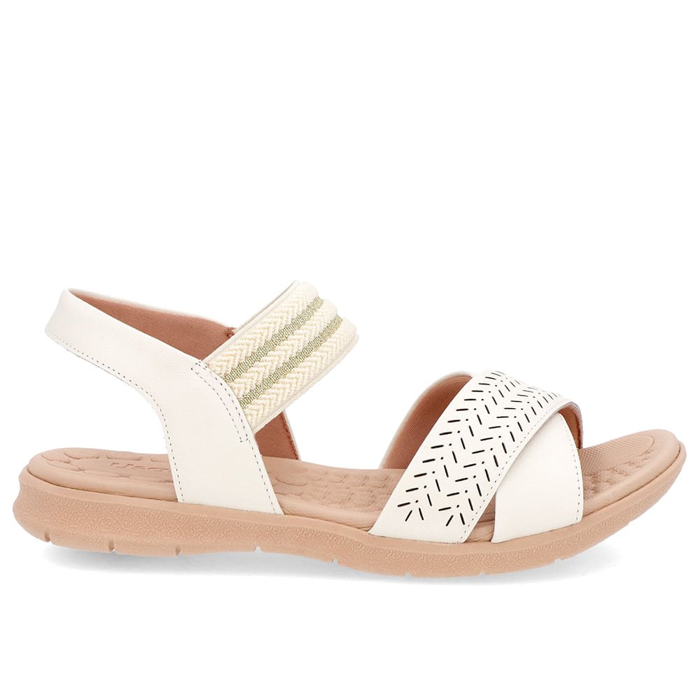 Sandália Salto Baixo Off-White Couro Elástico Brilho