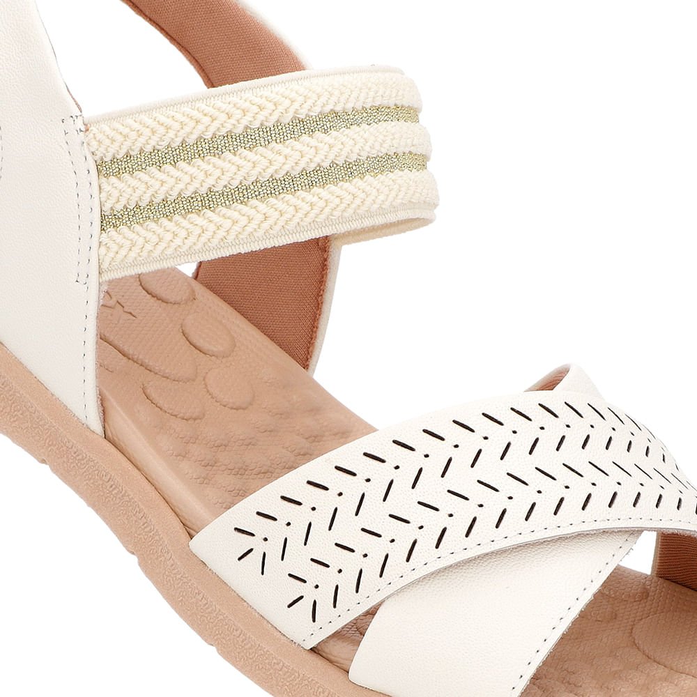Sandália Salto Baixo Off-White Couro Elástico Brilho Branco 4