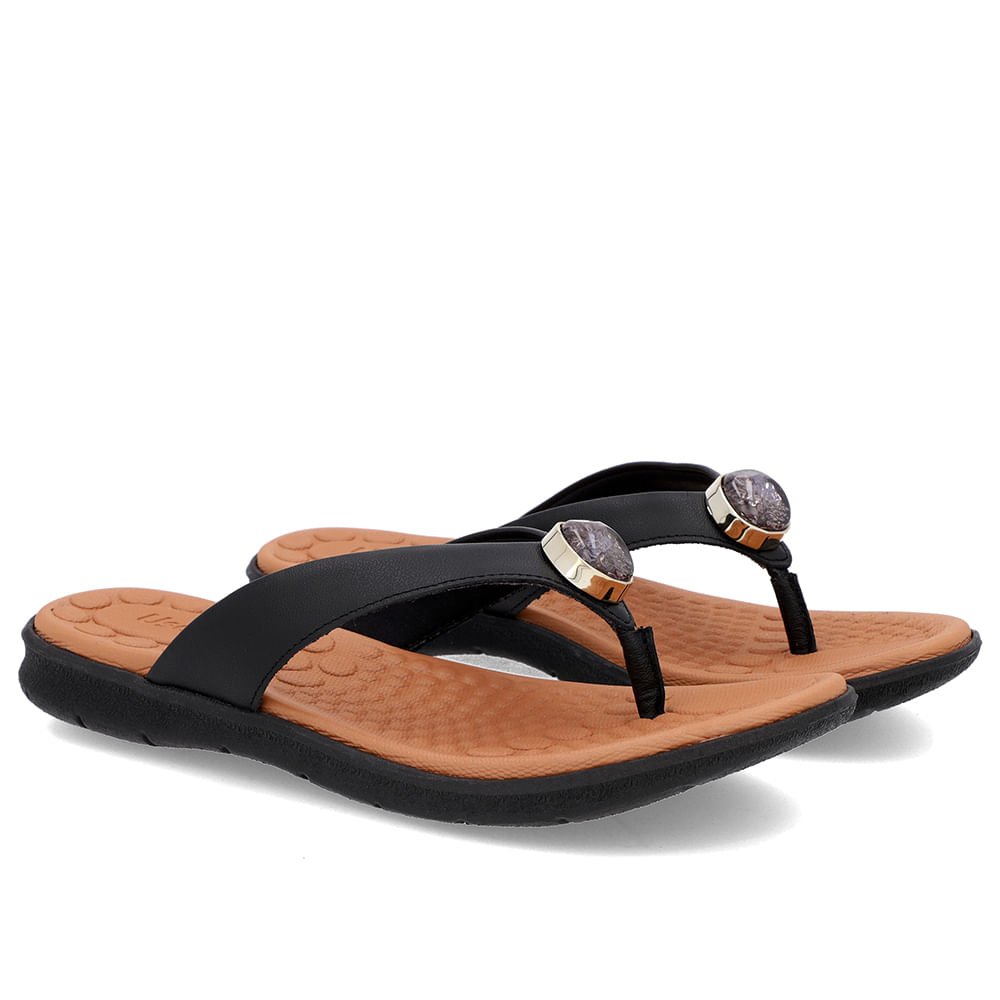 Chinelo Baixo Couro Preto Enfeite Preto 2