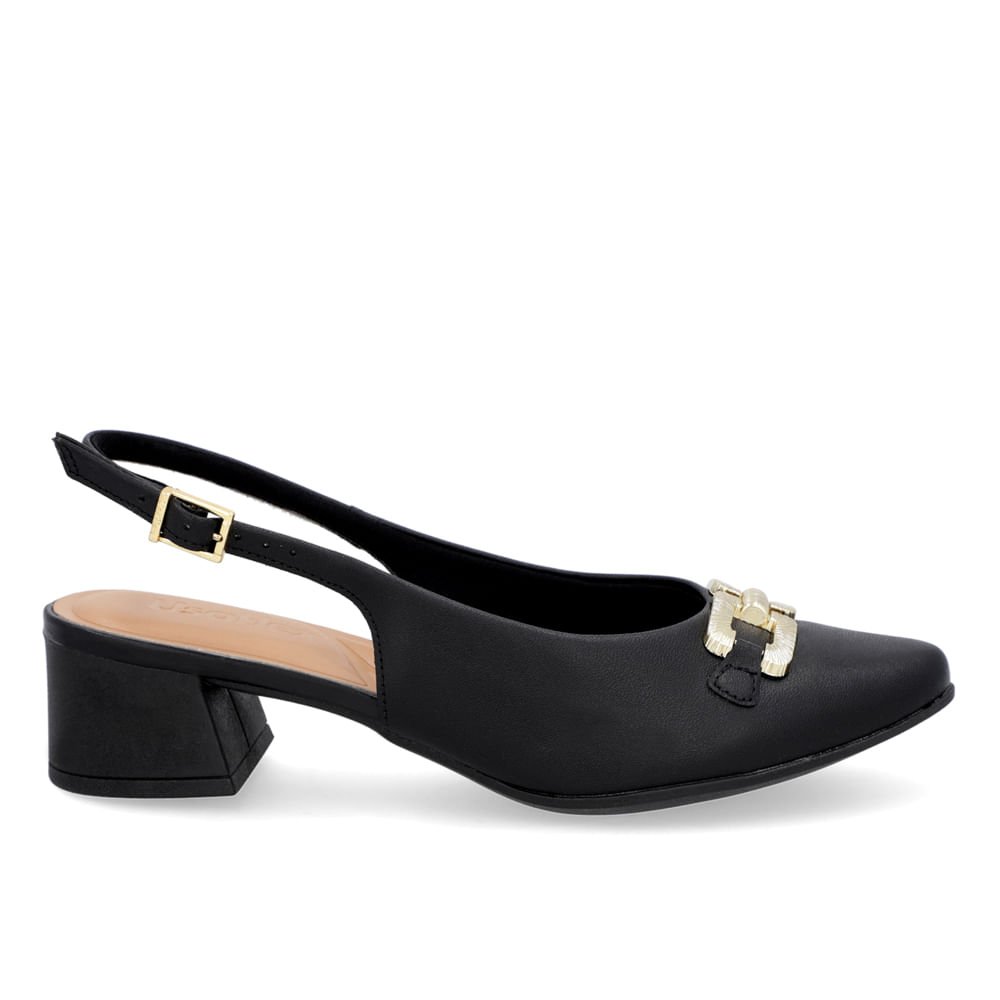 Slingback Preto Salto Bloco Couro