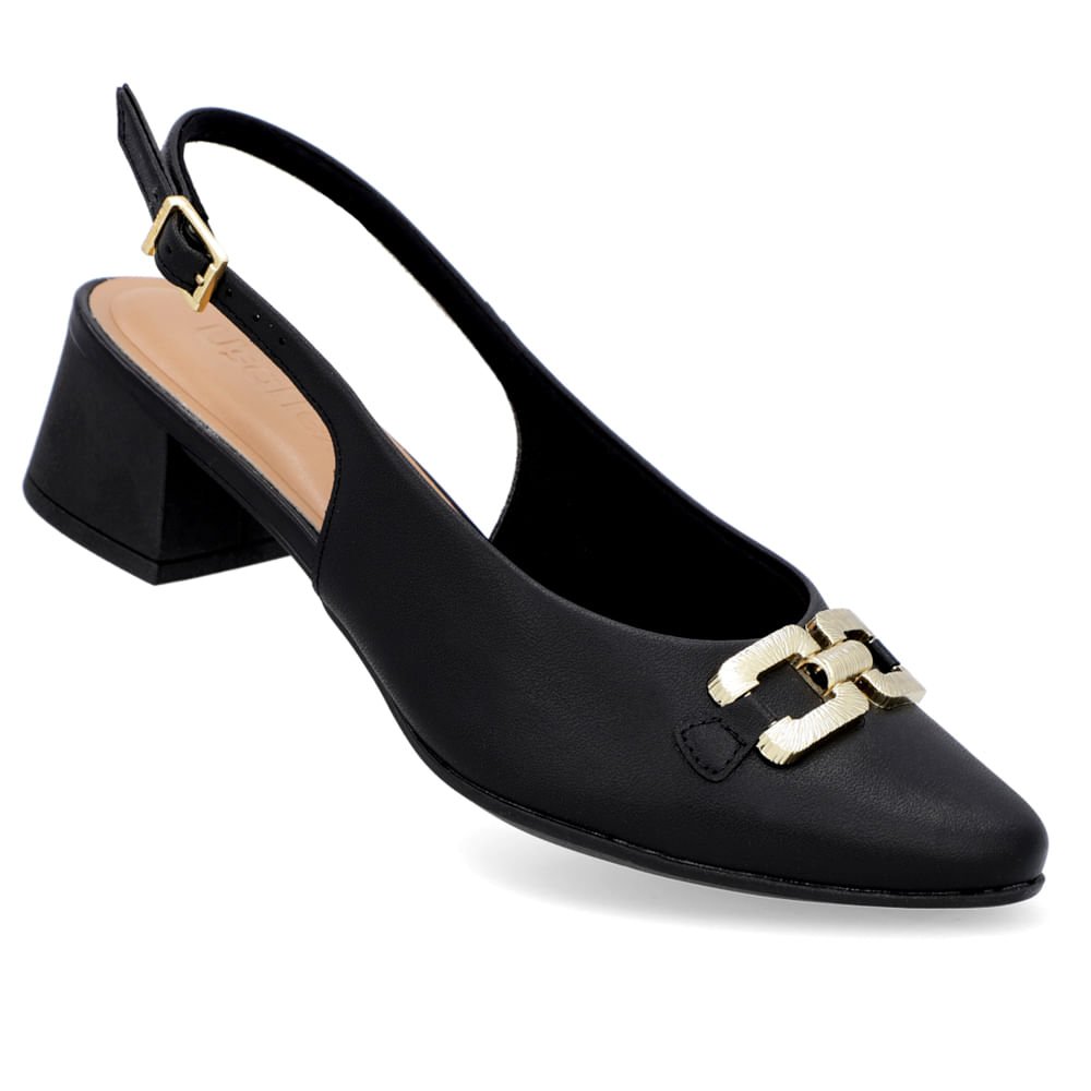 Slingback Preto Salto Bloco Couro Preto 4