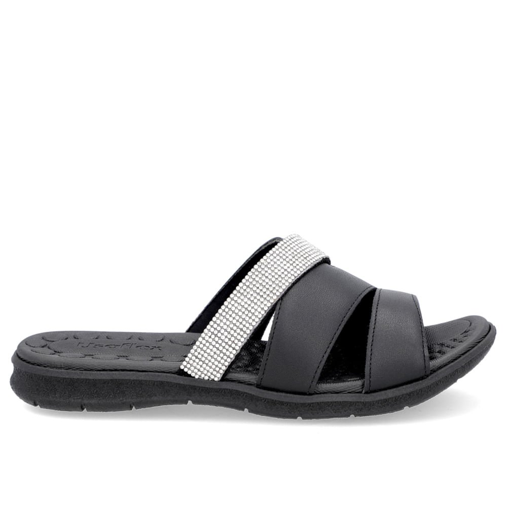 Slide Preto Tiras Couro Strass