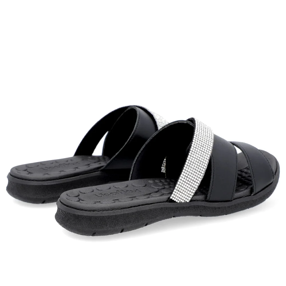 Slide Preto Tiras Couro Strass Preto 3