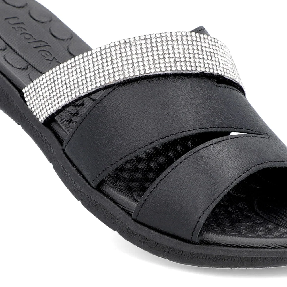 Slide Preto Tiras Couro Strass Preto 4
