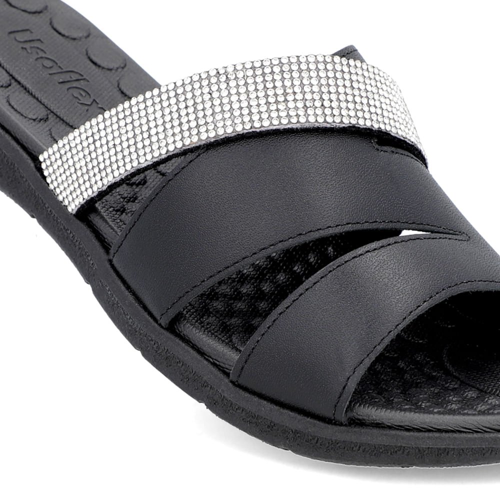 Slide Preto Tiras Couro Strass Preto 4