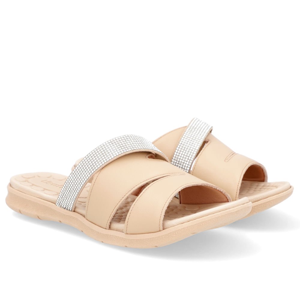 Slide Bege Tiras Couro Strass Bege 2