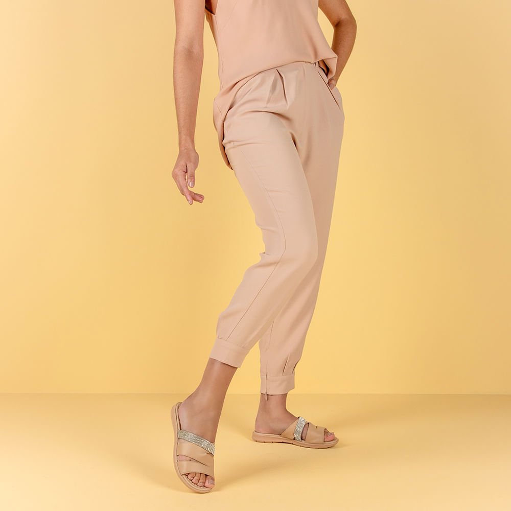 Slide Bege Tiras Couro Strass Bege 4