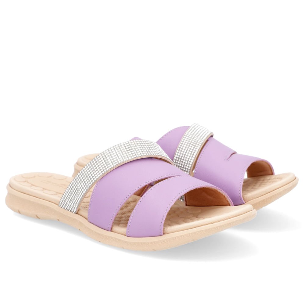 Slide Lilás Tiras Couro Strass Roxo 2