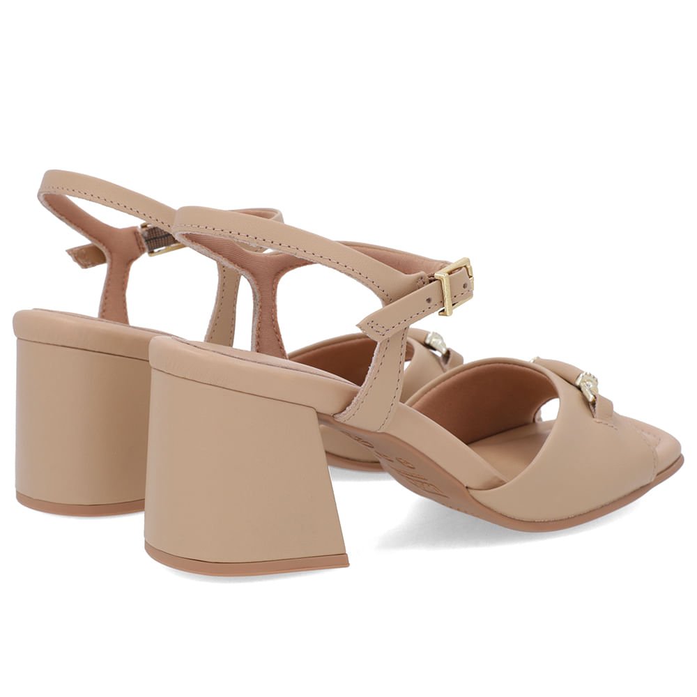 Sandália Salto Bloco Bege Couro Bico Quadrado Enfeite Bege 3