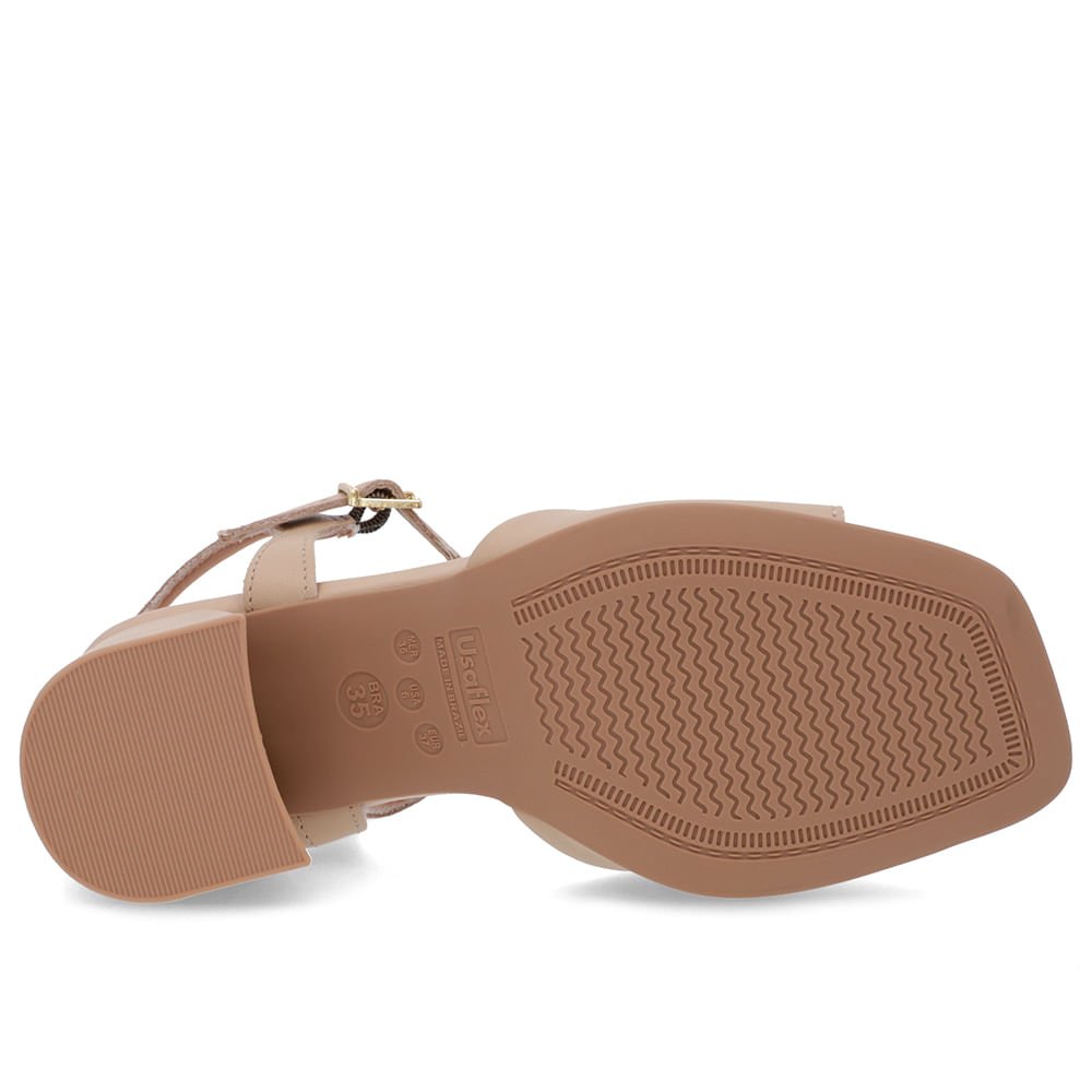 Sandália Salto Bloco Bege Couro Bico Quadrado Enfeite Bege 5