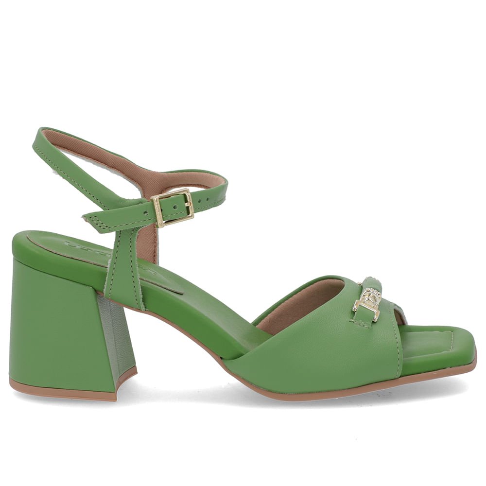 Sandália Salto Bloco Verde Couro Bico Quadrado Enfeite Verde